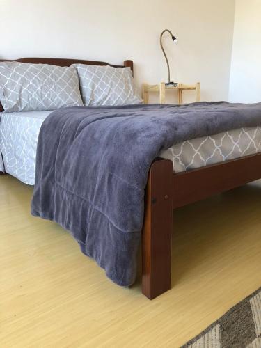 佩洛塔斯excelente apartamento completo的床上有蓝色毯子