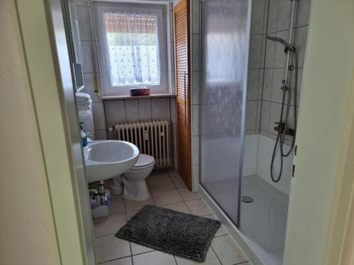 Ferienwohnung Mohnblume的带淋浴、卫生间和盥洗盆的浴室