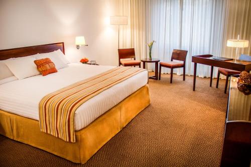 圣克里斯托瓦尔Lidotel San Cristóbal的酒店客房设有一张大床和一张书桌。