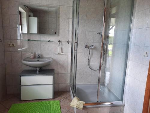 LudorfDas kleine, gemütliche Ferienhaus的带淋浴和盥洗盆的浴室