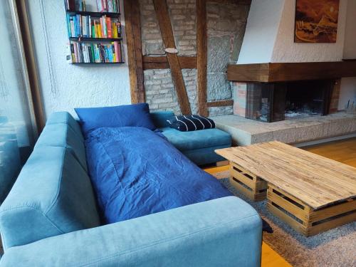 伯尔尼Central-city Penthouse的客厅配有蓝色的沙发和桌子