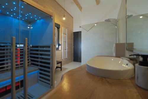 LovinacHouse Momentum的浴室配有白色浴缸和木制柜台。