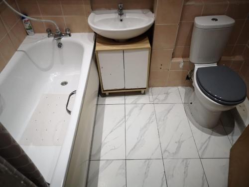 卢顿White House "Luton Airport"的浴室配有卫生间、盥洗盆和浴缸。