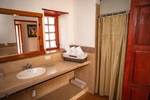 Cabaña Corazon de Calixto的一间带水槽、镜子和淋浴的浴室