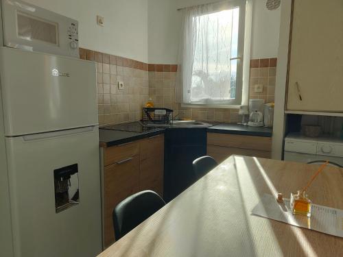 圣玛丽Appartement T2 - Sainte-Marie - 10 min de l'aéroport的厨房配有冰箱和桌椅