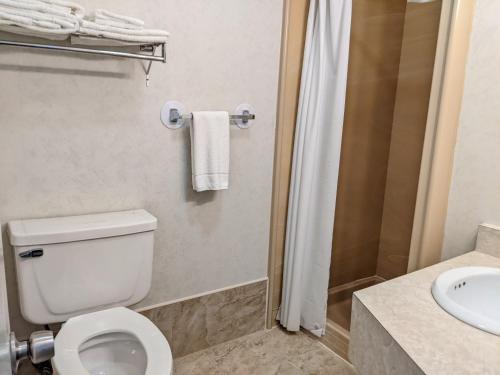 伯灵顿South Side Inn - Burlington的浴室配有卫生间、淋浴和盥洗盆。