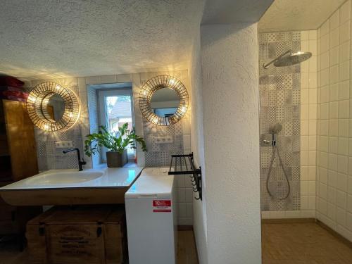 吕本瑙Spreewaldhaus Widwan的一间带水槽和镜子的浴室
