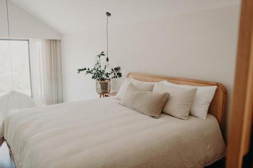 奥尔巴尼View Street Studios - Tallerack的卧室内的一张带白色床单和枕头的床