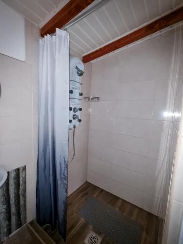贝凯什圣安德拉什Tündérlak Nyaraló Békésszentandrás的浴室内配有淋浴帘。