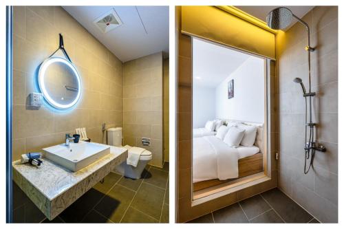 头顿CSJ Seaside - Căn Hộ Cạnh Biển的浴室的两张照片,配有一张床和一个水槽