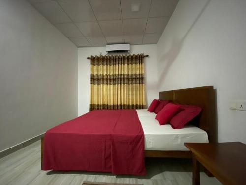 丹不拉Rock View Home Stay的一间卧室配有一张带红色枕头的大床