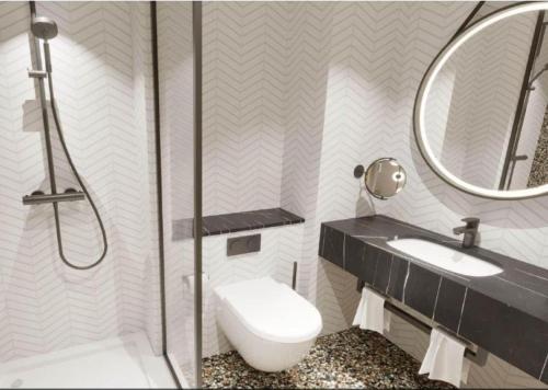 香侬香温泉酒店 的一间带卫生间、水槽和镜子的浴室