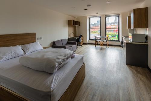 科克Destiny Student - Broga House Cork的一间卧室设有一张床和一间客厅。