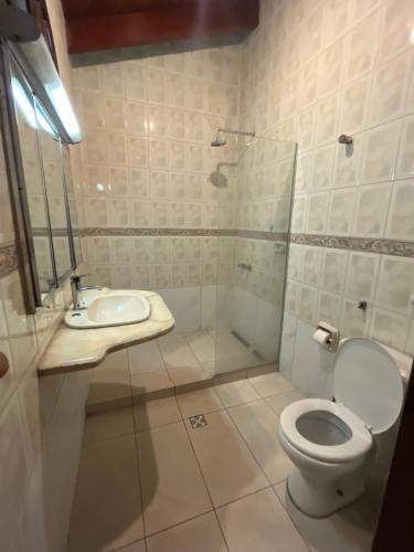 圣克鲁斯Hotel Lider的浴室配有卫生间、淋浴和盥洗盆。