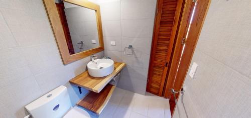 蓬塔查梅Casitas de madera的一间带水槽、镜子和卫生间的浴室