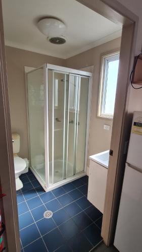 科夫斯港香蕉海岸大篷车公园酒店的一间带玻璃淋浴和卫生间的浴室