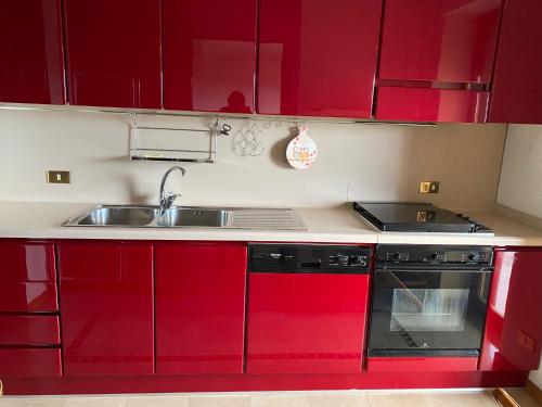 安德里亚Appartamento con veranda Via Castel del Monte的一间带红色橱柜和水槽的厨房