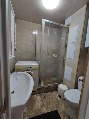 杜劳APARTAMENT CONFORT的带淋浴、盥洗盆和卫生间的浴室