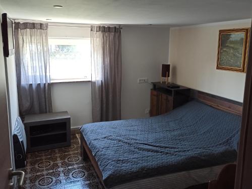 热尼亚波尔萨瓦Family apartments "Hamster" up to 7 persons的一间卧室设有蓝色的床和窗户。