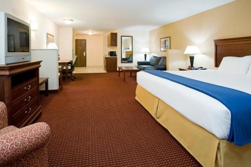 盐湖城Holiday Inn Express Airport East, an IHG Hotel的酒店客房设有一张大床和一台电视。