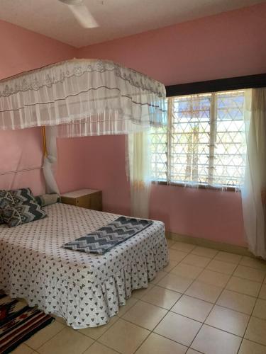 蒙巴萨ZURI Homestay WIFI & Ocean BREEZE !!的一间卧室设有天蓬床和窗户。