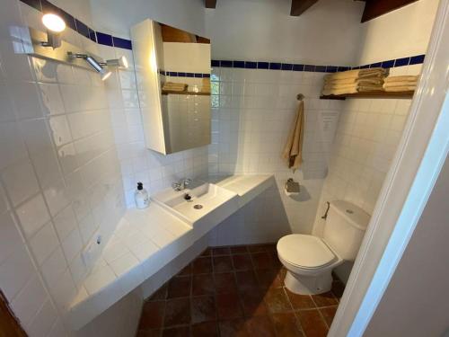 托洛克斯Castle Tower apartment in rural holiday park 'Bernard'的浴室配有卫生间、浴缸和水槽。