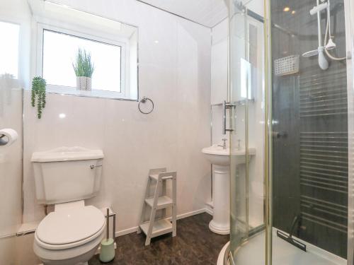 塞米斯湾Artro的一间带卫生间和淋浴的浴室以及窗户。