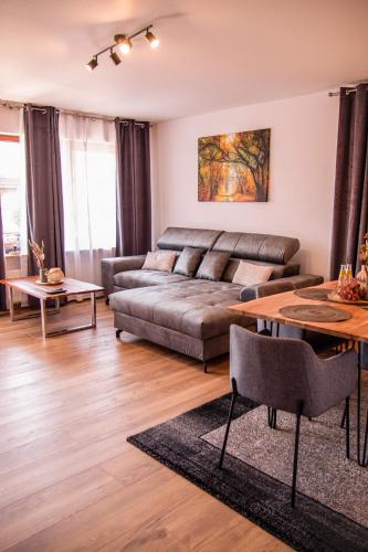 巴特哈尔茨堡Viktoria‘s Ferienwohnung的客厅配有沙发和桌子