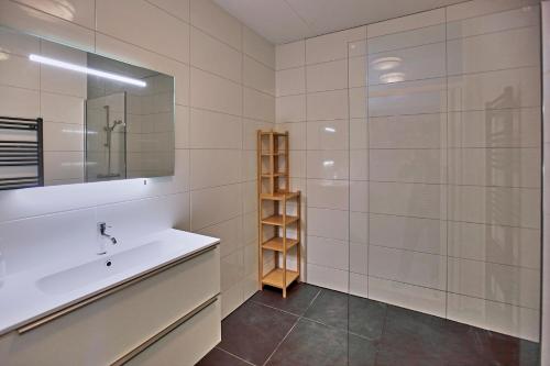 布雷斯肯斯Kustverhuur, Appartement aan zee, Port Scaldis 05042的一间带水槽和镜子的浴室