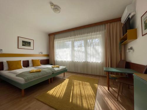 蒂豪尼Hello Balcsi Apartmanház的卧室在窗户前配有一张床