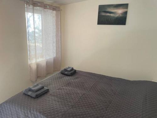 奥勒松Litle cozy apartment in Ålesund的一间卧室配有一张床,上面有两条毛巾