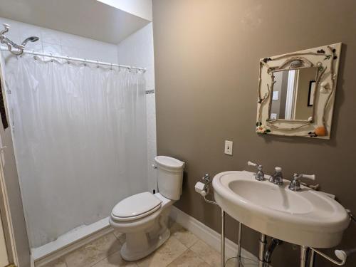 霍普港Farmhouse Suite的一间带卫生间、水槽和镜子的浴室