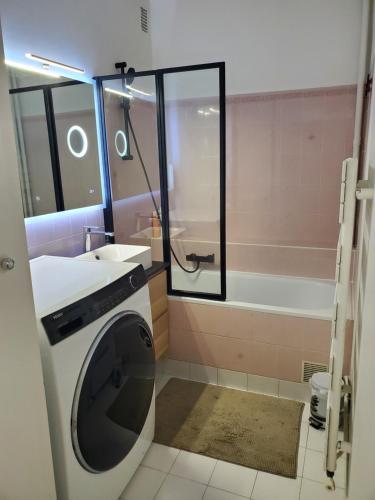 叙雷纳Apartment 2 or 3 bedrooms near Paris的一间带洗衣机和水槽的浴室