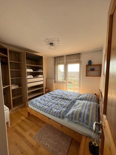 滨湖新锡德尔Haus Karner的一间卧室配有一张带蓝色棉被的床和窗户。