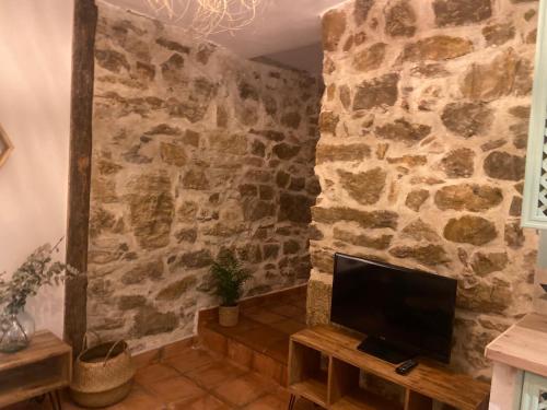 埃尔莫拉尔Posada de Lola的一间设有石墙和平面电视的客房