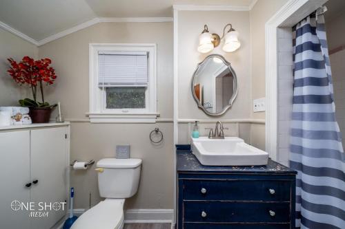 阿比林Garage apartment 5 min from Downtown的一间带水槽、卫生间和镜子的浴室