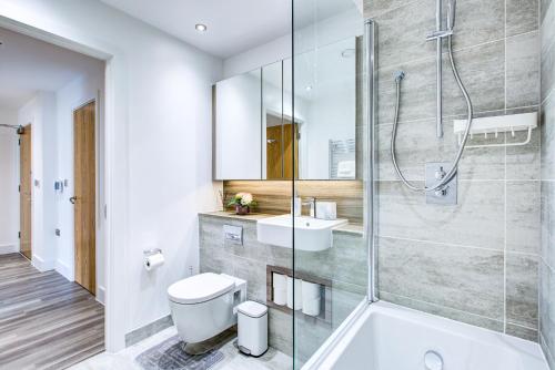 伦敦Luxe Apartment by Excel的带淋浴、卫生间和盥洗盆的浴室