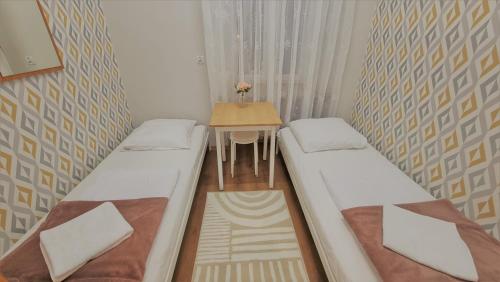 普热梅希尔PTSM乡村青年旅馆的小型客房配有两张床和一张桌子。
