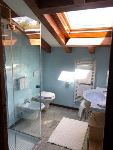 特雷梅佐Alveluu ristorante e suites的浴室配有卫生间、盥洗盆和淋浴。