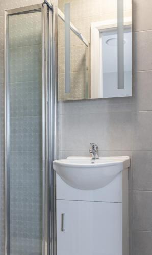 沃特福德Tramore Beach Room 5的浴室配有盥洗盆和带镜子的淋浴