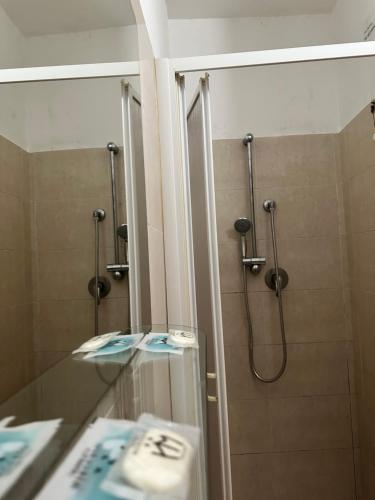 米兰默库里奥酒店的带淋浴、盥洗盆和镜子的浴室