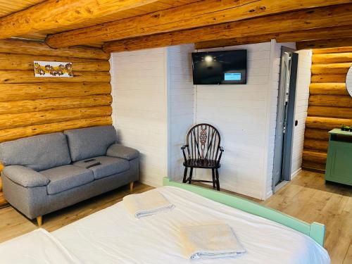 莱斯诺夫Cabana din Groapa Frumoasa的客房设有床、沙发和电视。