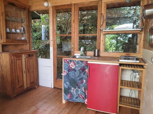 卡斯塔涅托卡尔杜奇Agricamping La Gallinella的一间小房子里的厨房,配有红色冰箱