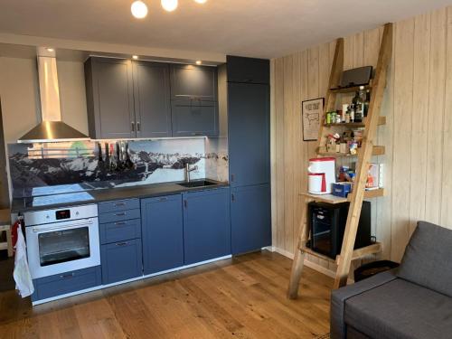 韦尔比耶Verbier Medran apartment的厨房配有蓝色橱柜和炉灶烤箱。