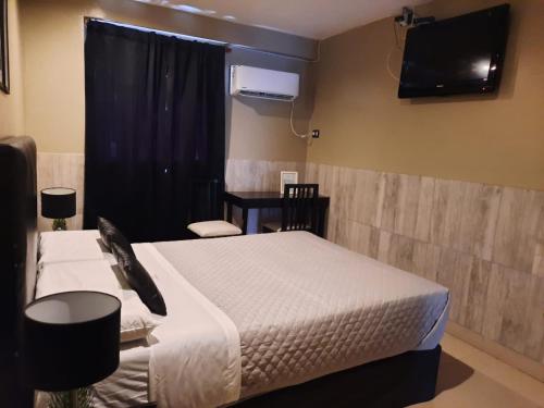 圣米格尔·德·图库玛Hotel La Terminal的卧室配有一张床,墙上配有电视。