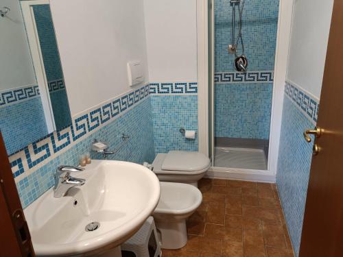 诺尔恰Agriturismo Le Case di Quarantotti的一间带水槽、卫生间和淋浴的浴室