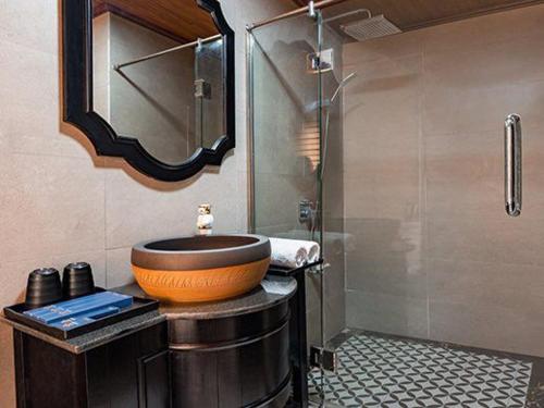 吉婆岛The Boutique Cruise的一间带一个碗水槽和淋浴的浴室
