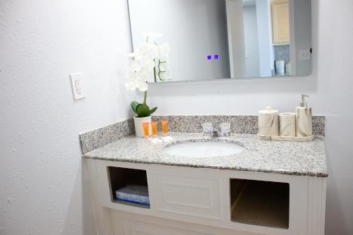 弗吉尼亚海滩Sun & Sand Resort Oceanfront Suites的一间带水槽和镜子的浴室