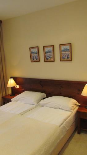 班斯科Bansko St Ivan Rilski Luxury Apartment 4 stars Free SPA & Mineral water的卧室配有一张白色大床,墙上挂有三张照片