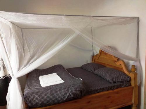 姆贝亚La-Domek Traveller's home的一张小床,在房间里设有天蓬